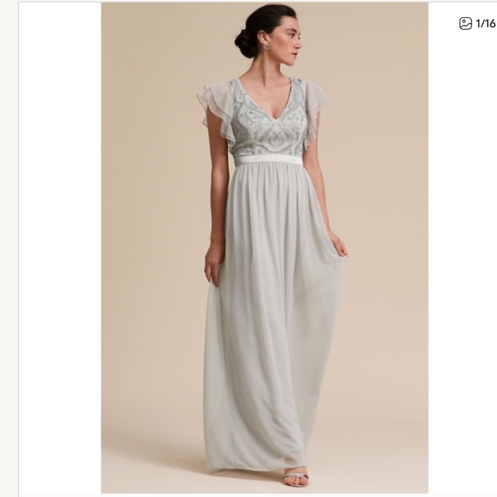 bhldn grey dress EUC Maricela Beaded Formal Flowy Gown sz 6 loop-ae-118
